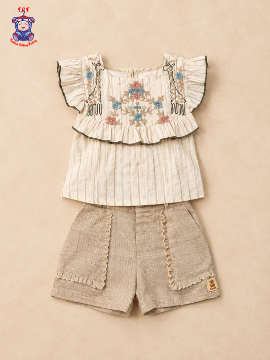Girls Beige Floral Embroidered Top & Shorts Co-Ord Set with Ruffle Sleeves