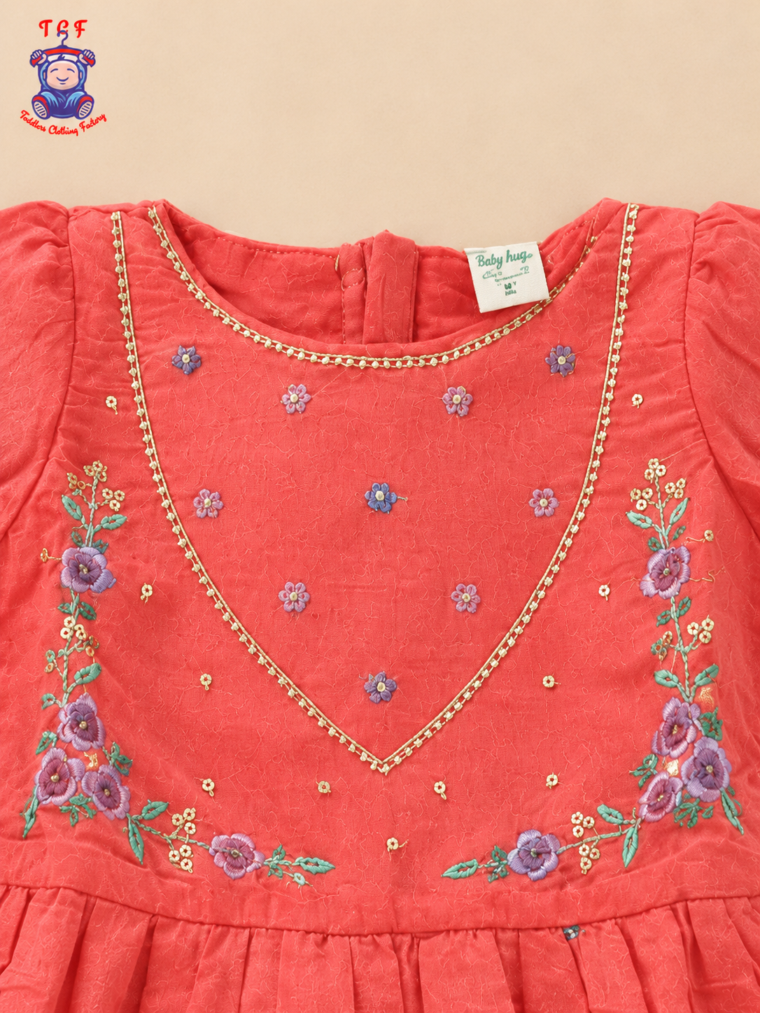 Rust Orange Floral Embroidered Girls Frock
