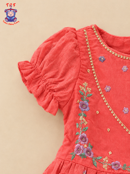 Rust Orange Floral Embroidered Girls Frock