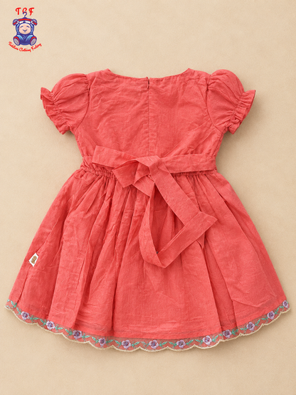 Rust Orange Floral Embroidered Girls Frock
