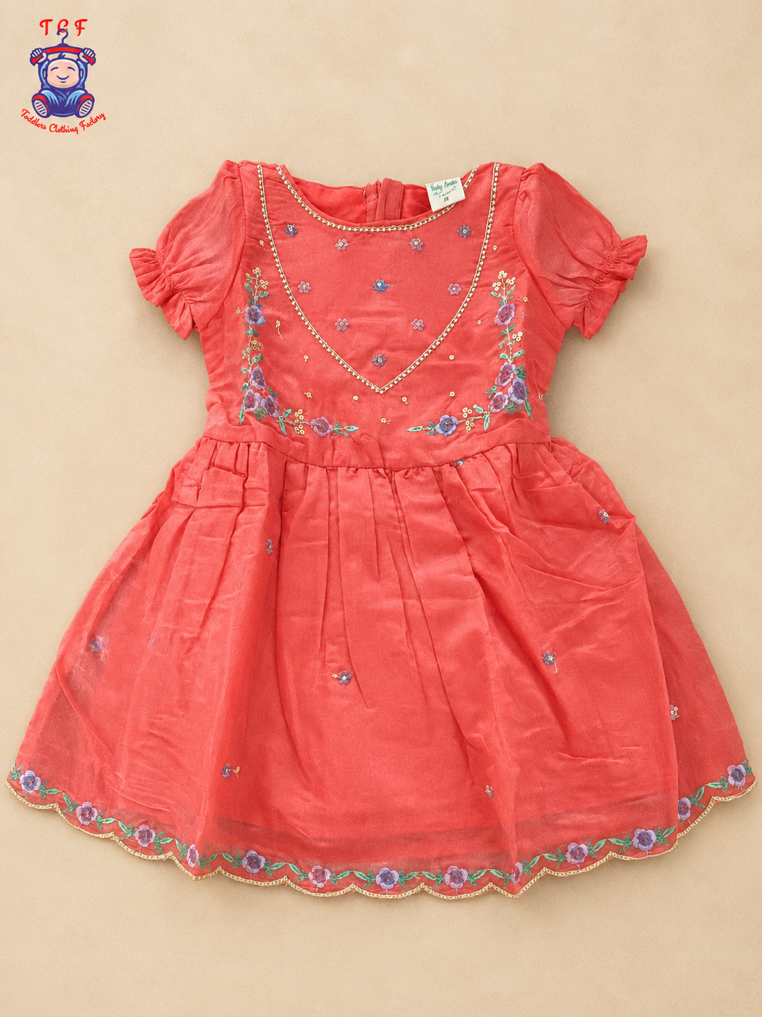 Rust Orange Floral Embroidered Girls Frock