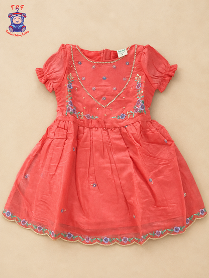 Rust Orange Floral Embroidered Girls Frock
