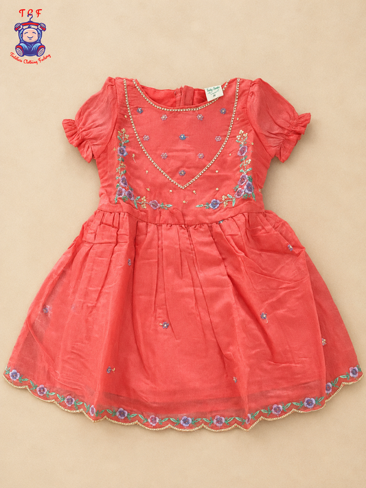 Rust Orange Floral Embroidered Girls Frock