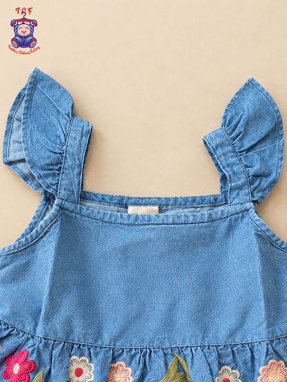 Girls Denim Blue Floral Embroidered Top & Palazzo Co-Ord Set with Ruffle