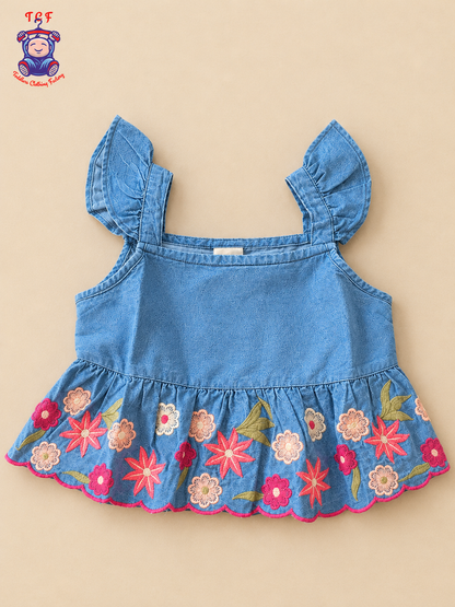 Girls Denim Blue Floral Embroidered Top & Palazzo Co-Ord Set with Ruffle