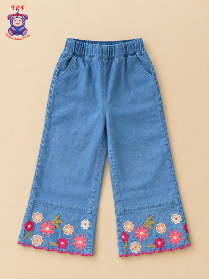 Girls Denim Blue Floral Embroidered Top & Palazzo Co-Ord Set with Ruffle