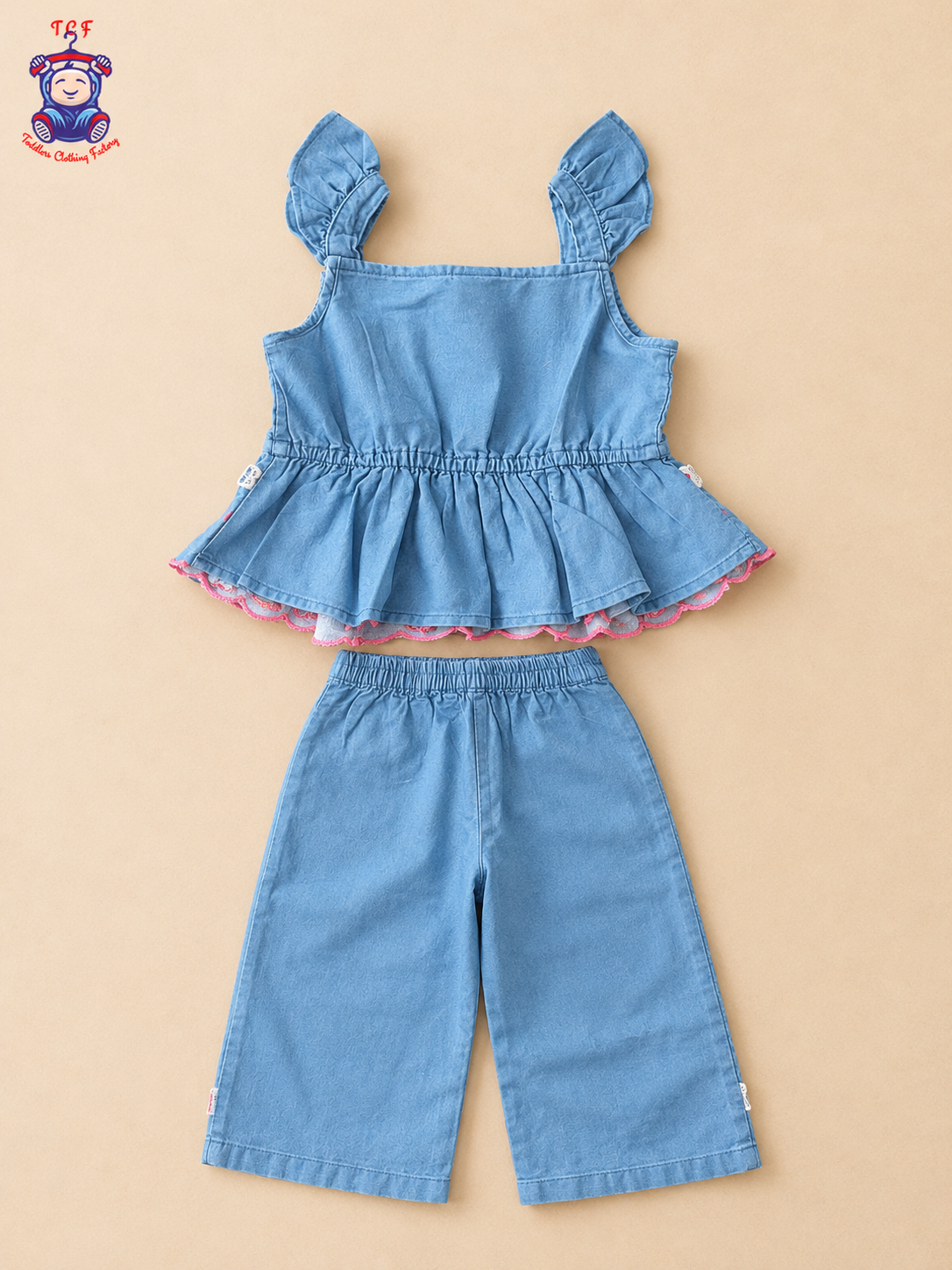Girls Denim Blue Floral Embroidered Top & Palazzo Co-Ord Set with Ruffle