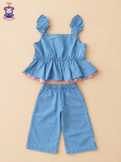 Girls Denim Blue Floral Embroidered Top & Palazzo Co-Ord Set with Ruffle