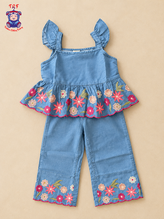 Girls Denim Blue Floral Embroidered Top & Palazzo Co-Ord Set with Ruffle