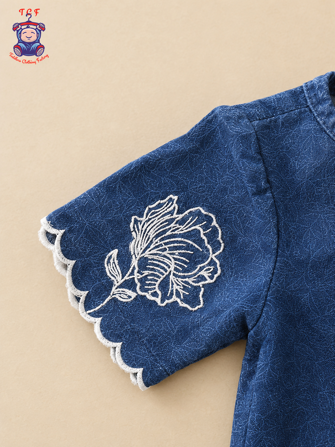 Denim Blue Girls Floral Embroidered Dress with White Scalloped Border