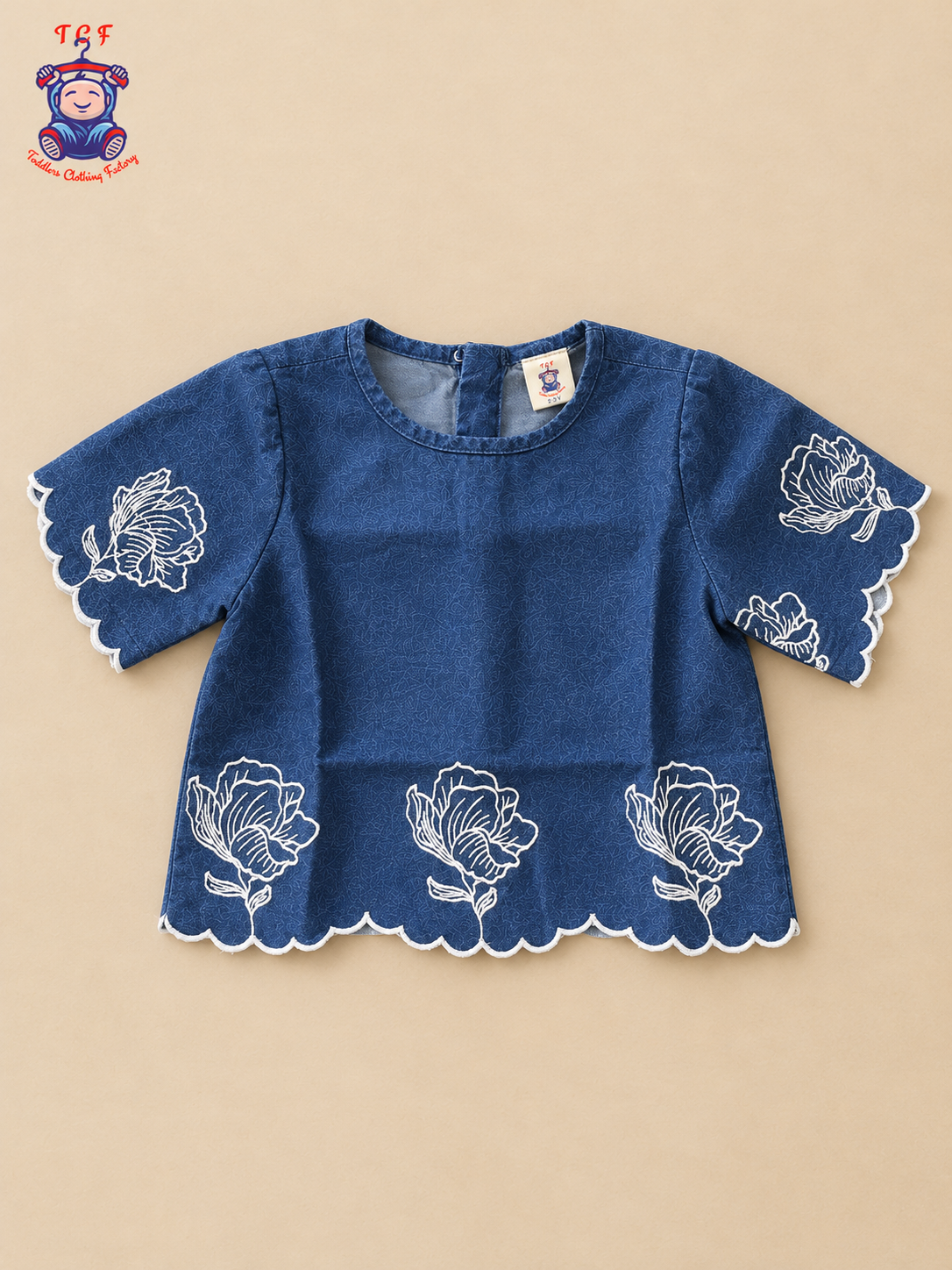 Denim Blue Girls Floral Embroidered Dress with White Scalloped Border
