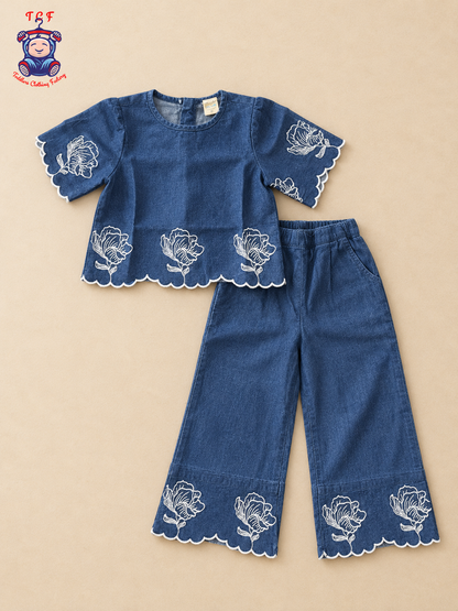Denim Blue Girls Floral Embroidered Dress with White Scalloped Border