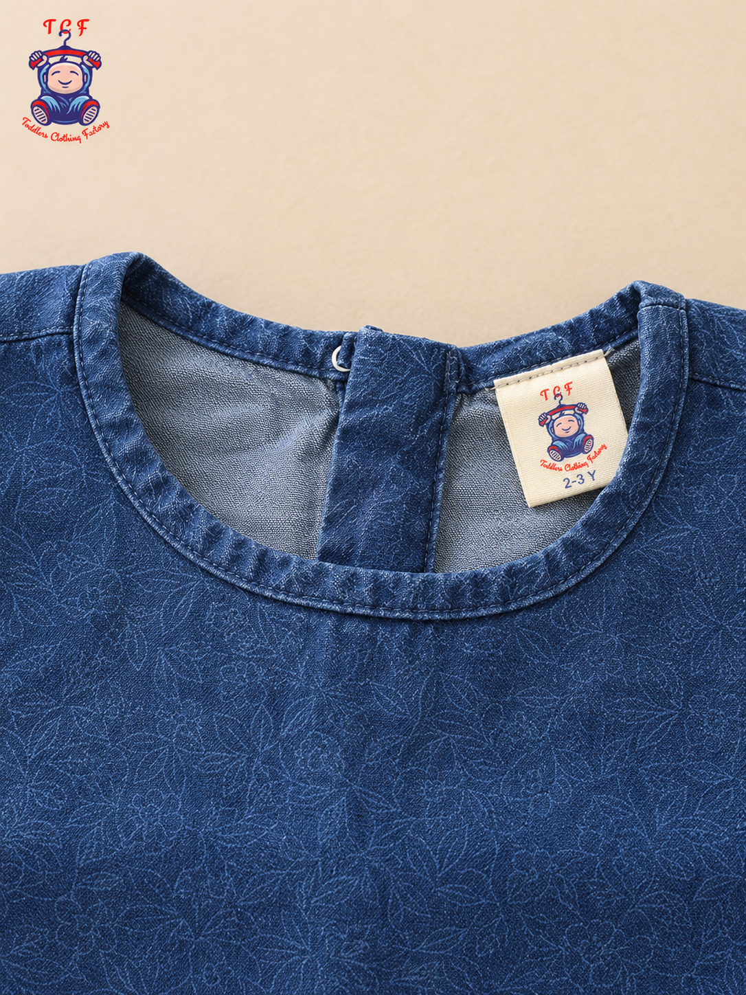 Denim Blue Girls Floral Embroidered Dress with White Scalloped Border