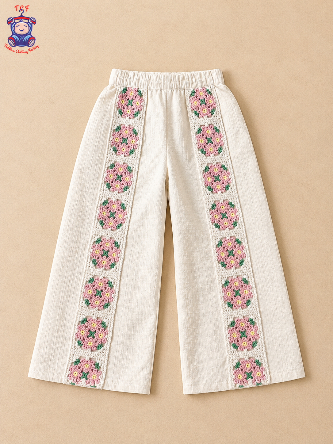 Girls Off-White Textured Co-Ord Set with Floral Crochet