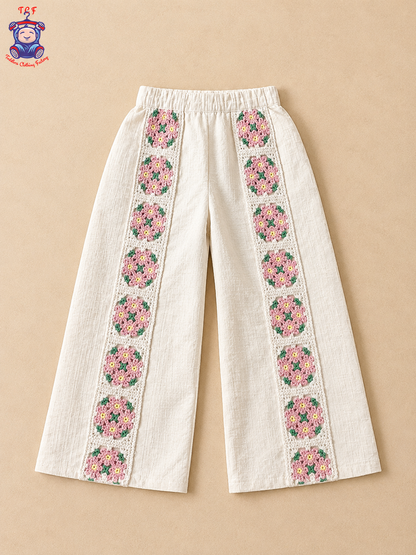 Girls Off-White Textured Co-Ord Set with Floral Crochet