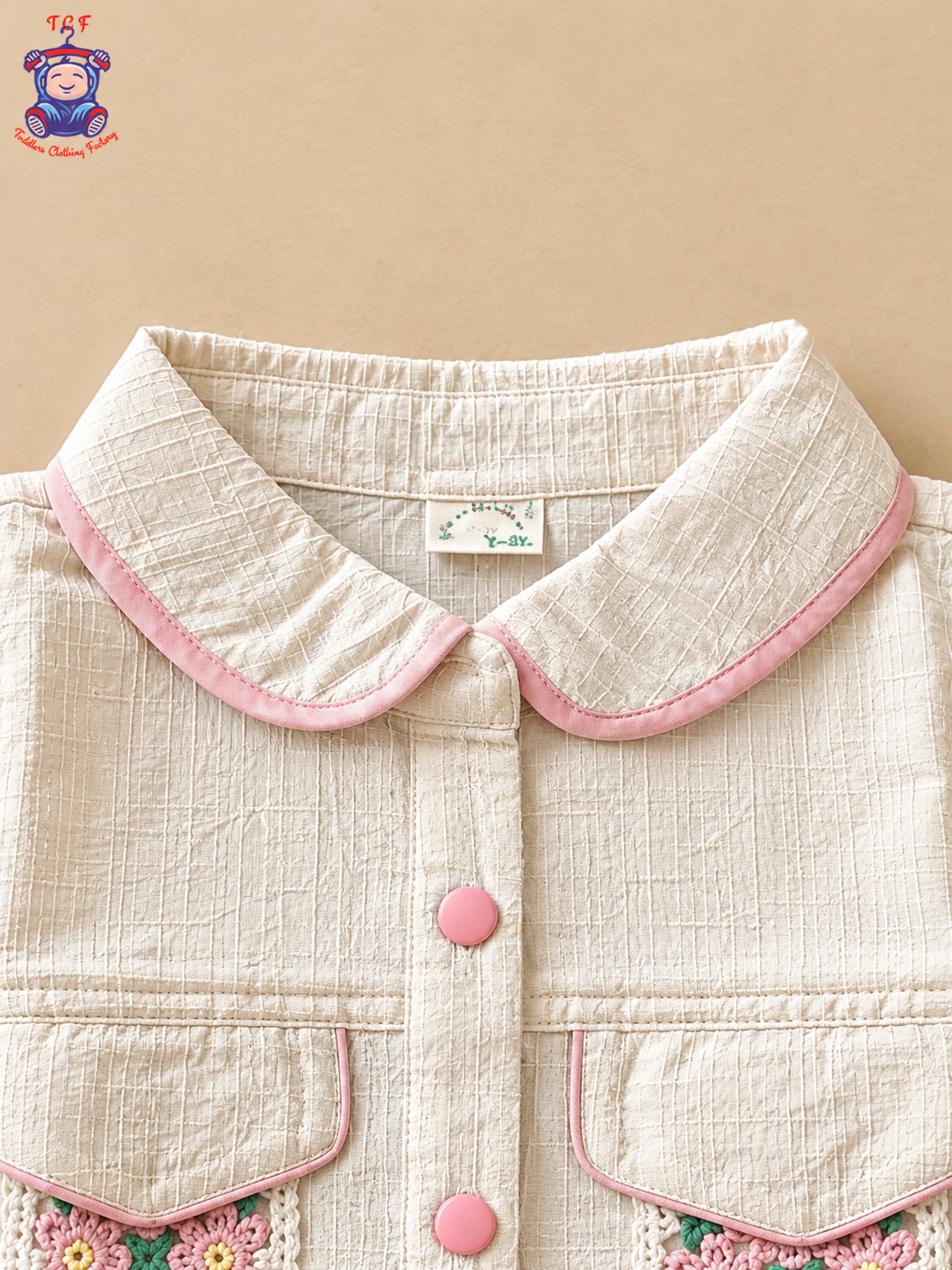 Girls Off-White Textured Co-Ord Set with Floral Crochet