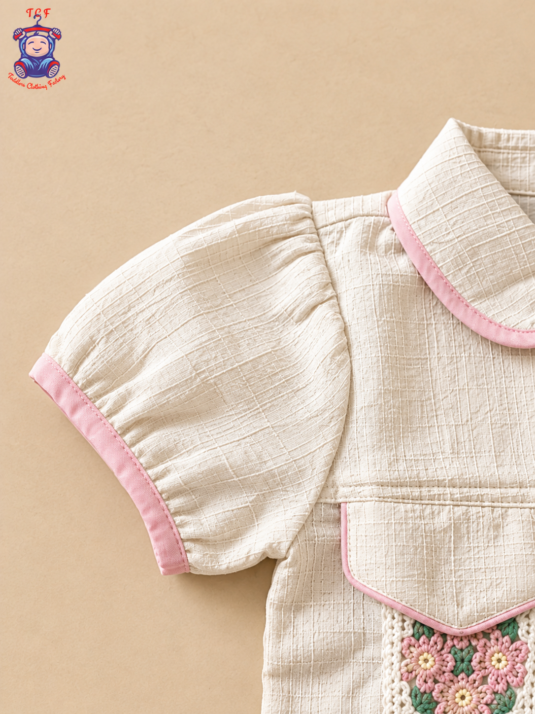 Girls Off-White Textured Co-Ord Set with Floral Crochet