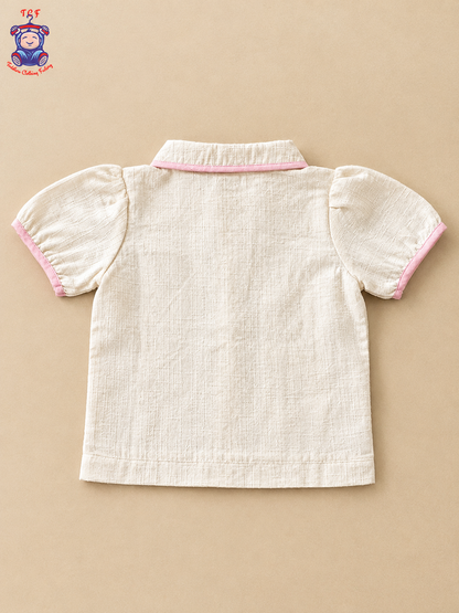 Girls Off-White Textured Co-Ord Set with Floral Crochet