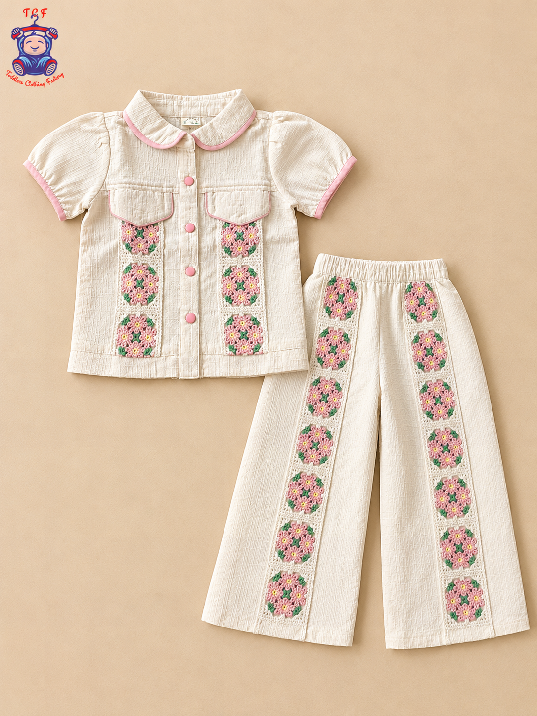Girls Off-White Textured Co-Ord Set with Floral Crochet