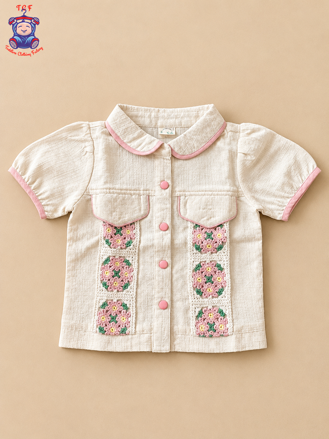 Girls Off-White Textured Co-Ord Set with Floral Crochet