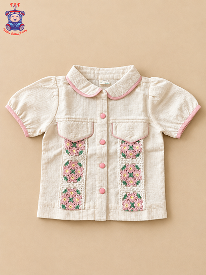 Girls Off-White Textured Co-Ord Set with Floral Crochet