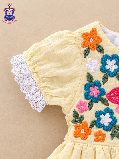 Girls Yellow Floral Embroidered Flamingo Frock