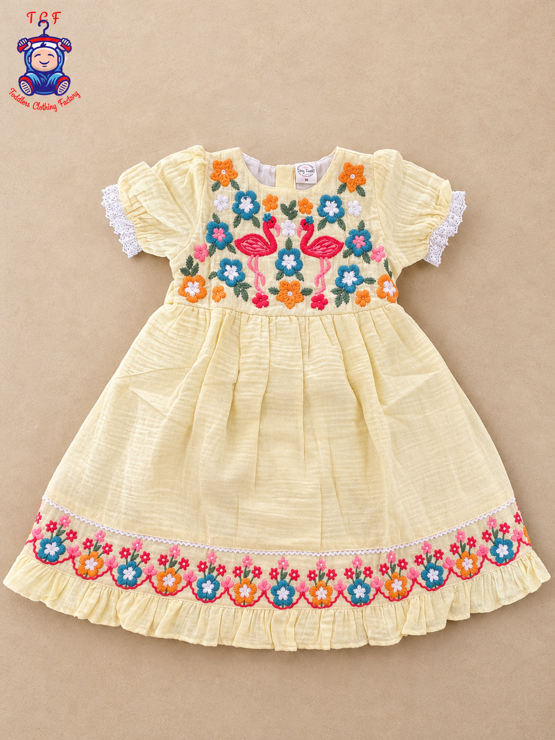 Girls Yellow Floral Embroidered Flamingo Frock