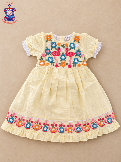 Girls Yellow Floral Embroidered Flamingo Frock