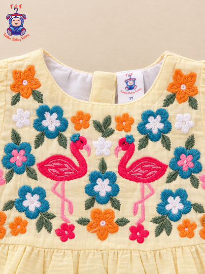 Girls Yellow Floral Embroidered Flamingo Frock