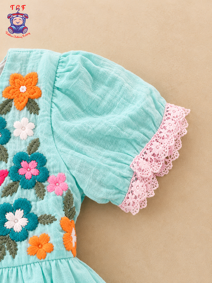 Sky Blue Yellow Floral Embroidered Flamingo Frock