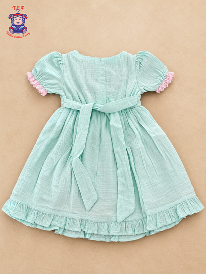 Sky Blue Yellow Floral Embroidered Flamingo Frock