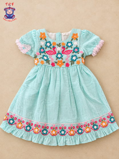 Sky Blue Yellow Floral Embroidered Flamingo Frock