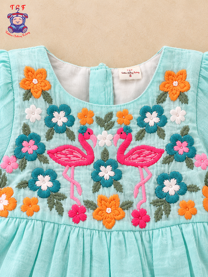 Sky Blue Yellow Floral Embroidered Flamingo Frock