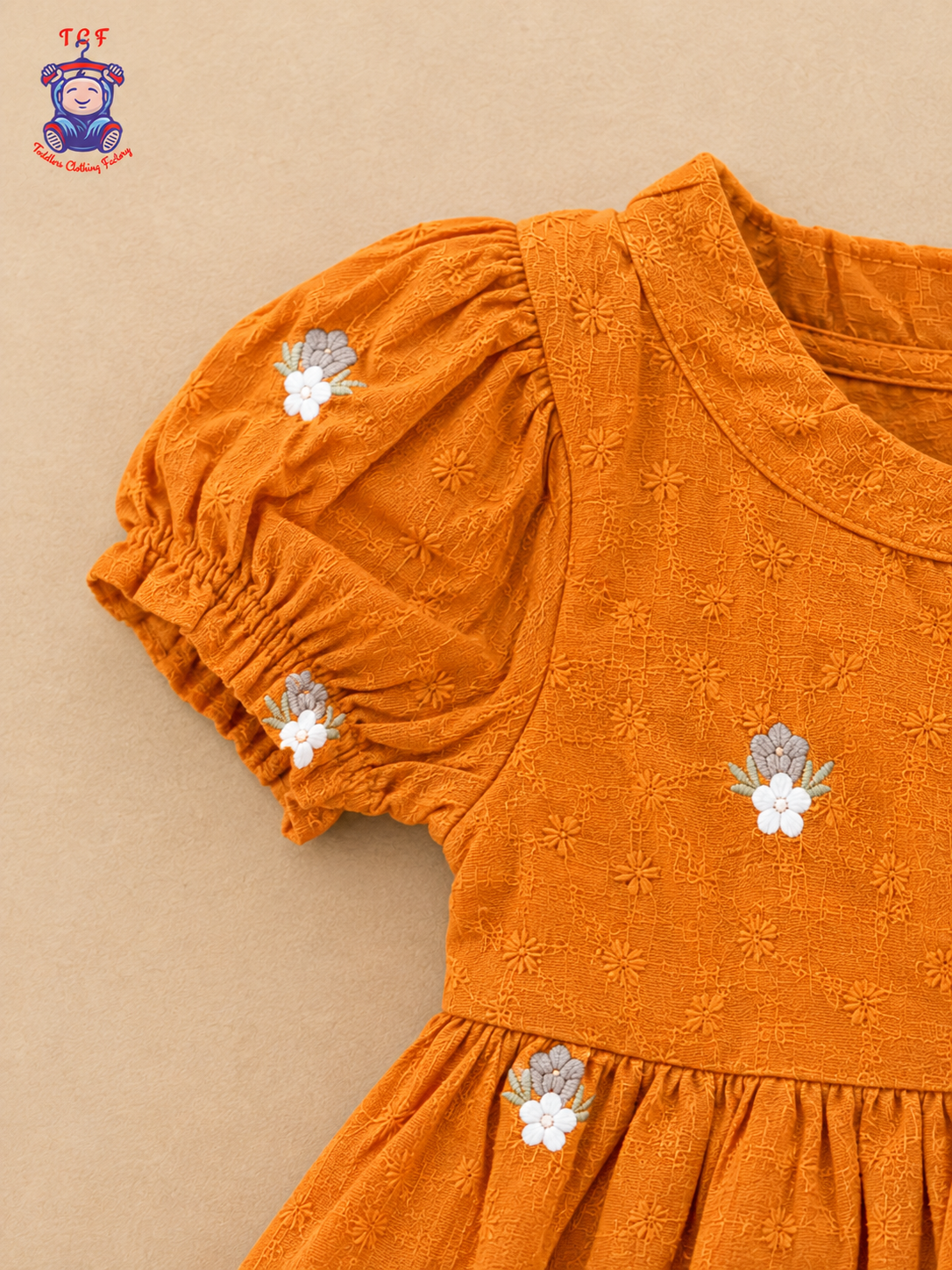 Girls Orange Floral Embroidered Button-Down Frock