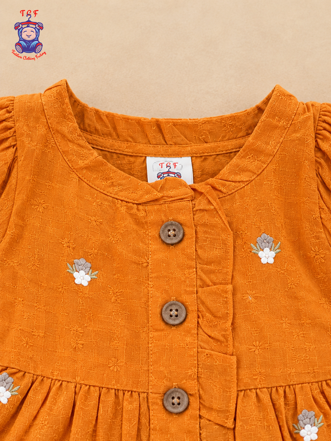 Girls Orange Floral Embroidered Button-Down Frock