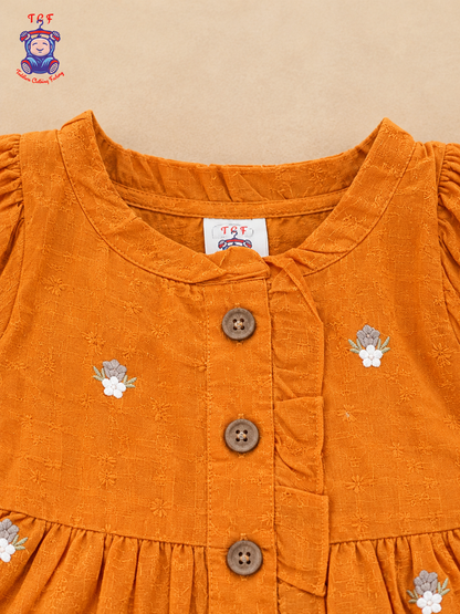 Girls Orange Floral Embroidered Button-Down Frock