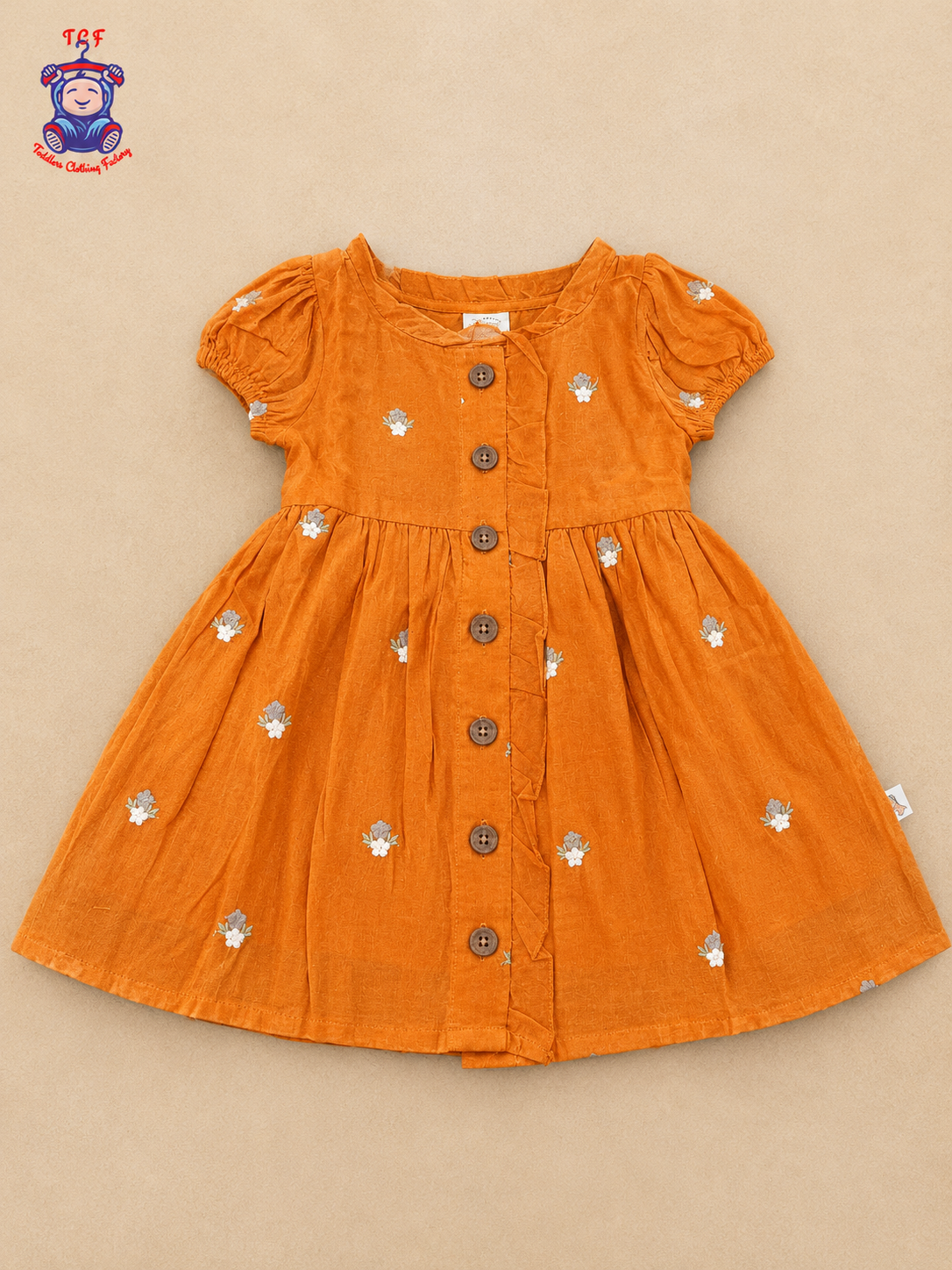 Girls Orange Floral Embroidered Button-Down Frock