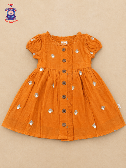 Girls Orange Floral Embroidered Button-Down Frock