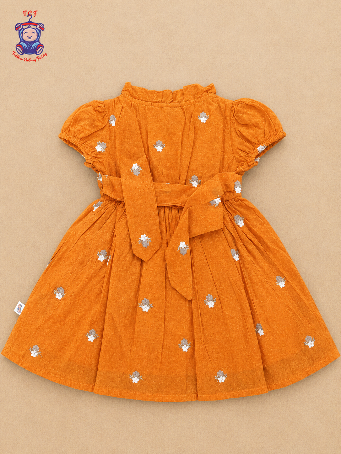 Girls Orange Floral Embroidered Button-Down Frock