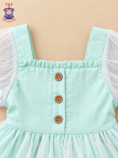 Girls Mint Green Striped Button-Down Ruffle Frock