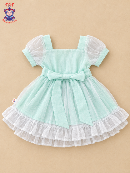 Girls Mint Green Striped Button-Down Ruffle Frock