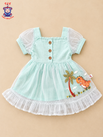Girls Mint Green Striped Button-Down Ruffle Frock