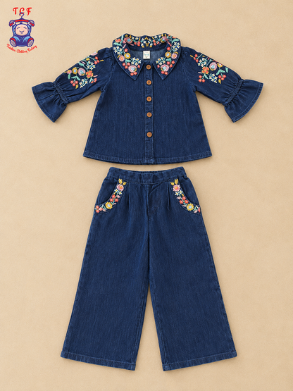 Girls Dark Blue Denim Floral Embroidered Collar Top & Pant Co-ord Set