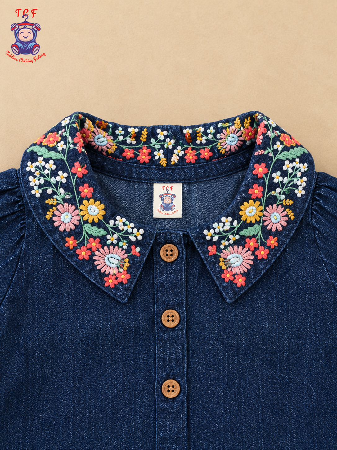 Girls Dark Blue Denim Floral Embroidered Collar Top & Pant Co-ord Set