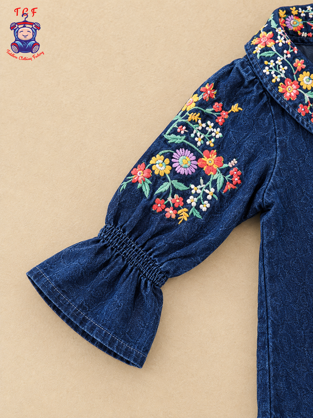 Girls Dark Blue Denim Floral Embroidered Collar Top & Pant Co-ord Set