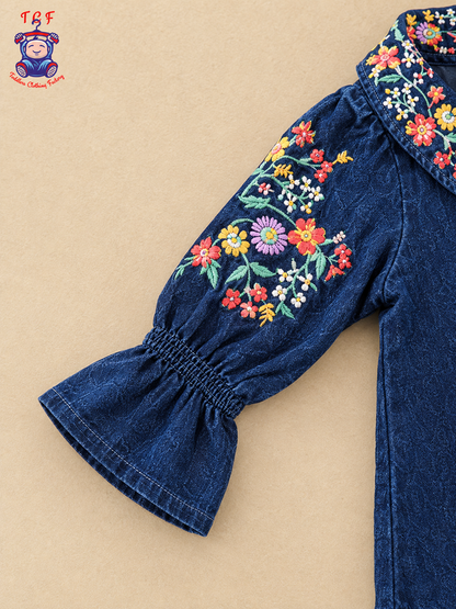 Girls Dark Blue Denim Floral Embroidered Collar Top & Pant Co-ord Set