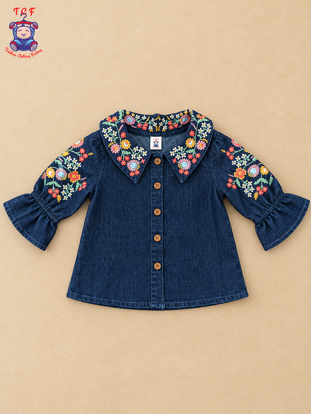 Girls Dark Blue Denim Floral Embroidered Collar Top & Pant Co-ord Set