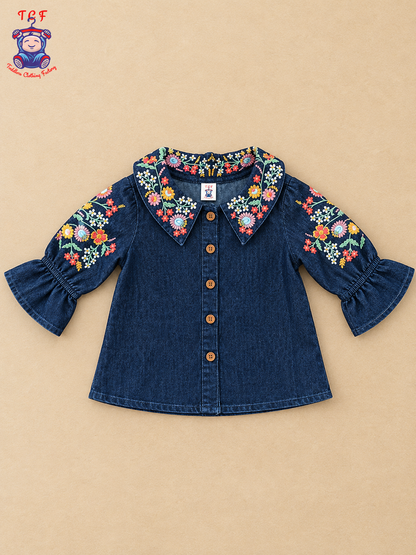 Girls Dark Blue Denim Floral Embroidered Collar Top & Pant Co-ord Set