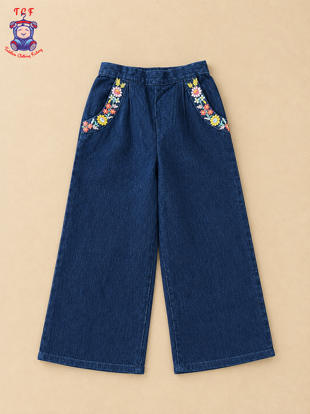 Girls Dark Blue Denim Floral Embroidered Collar Top & Pant Co-ord Set