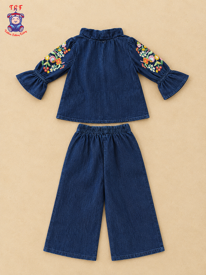 Girls Dark Blue Denim Floral Embroidered Collar Top & Pant Co-ord Set